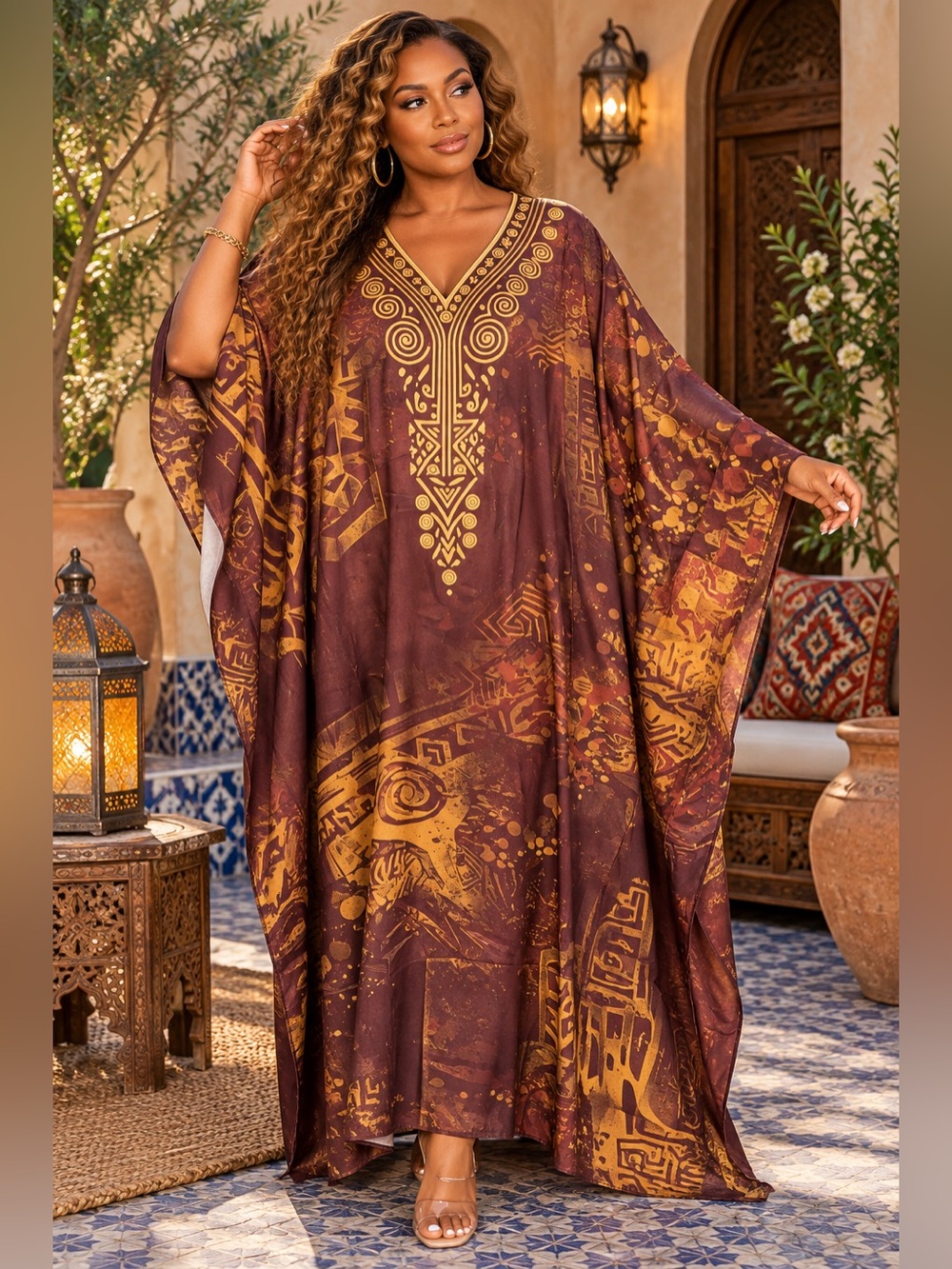 Women's V-Neck Maxi Kaftan Dress in Brown and Gold